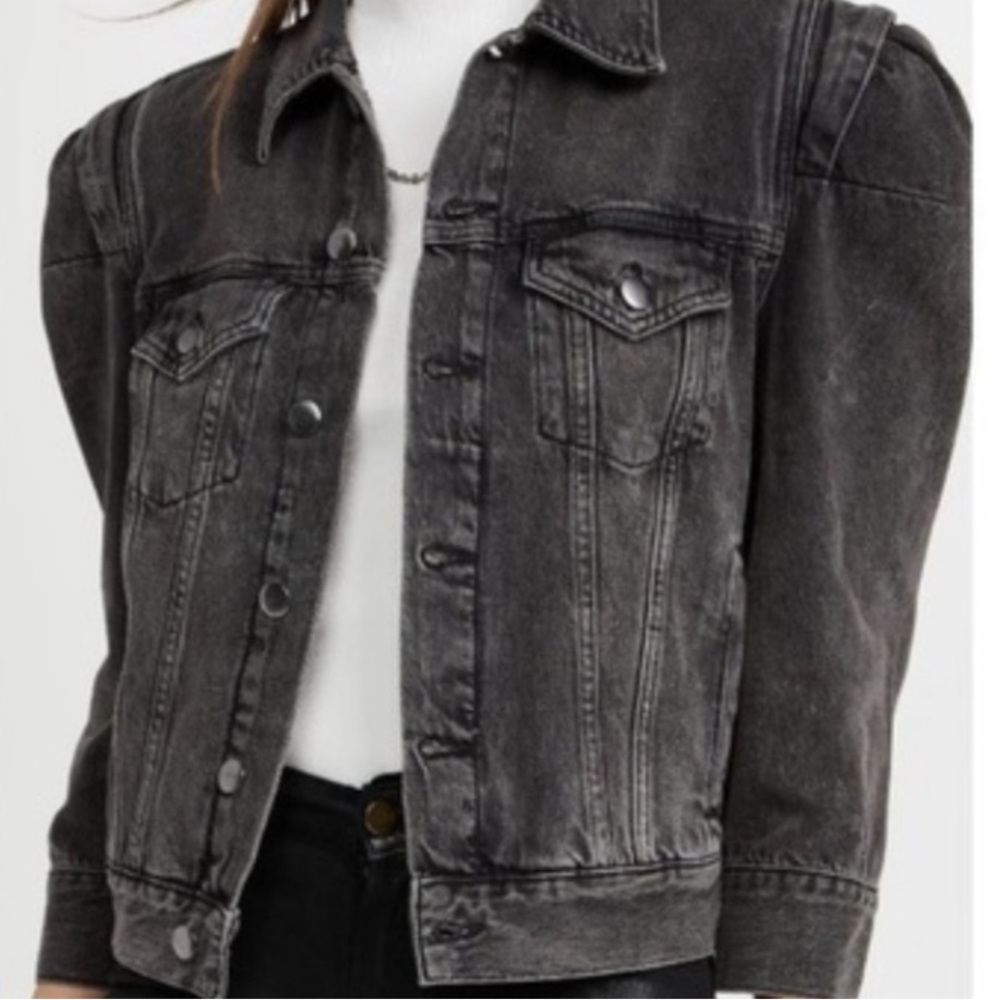 Frame Denim Rosette Jacket in Ozone Medium Washed Black Gray Puffed Long Sleeve